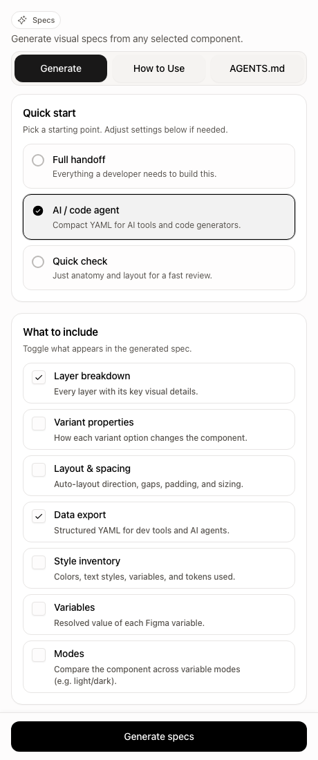 Generate specs workflow panel